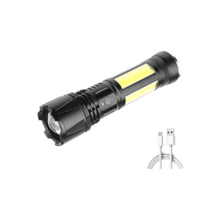 Lanterna LED 4-Core Xhp90, reincarcabila USB, zoomabila, neagra