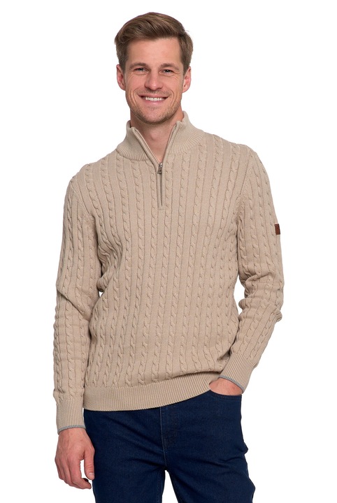 Férfi pulóver, Moraj, félgarbó cipzárral, pamut, bézs