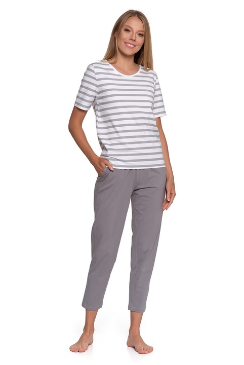 Pijamale dama set, Moraj, maneca scurta, pantaloni lungi, bumbac, gri