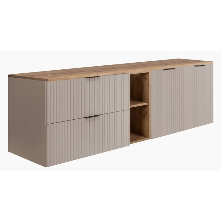 Шкаф за баня с плот и рафтове, Родан, Флоу, 140x57x46 см, Материал МДФ, Ламинирана плоскост 16 мм, Гръб - HDF - 3 мм, ABS кантове, Плавно затваряне Soft Close, Канализирана предна част, Кашмир/Златен дъб Крафт