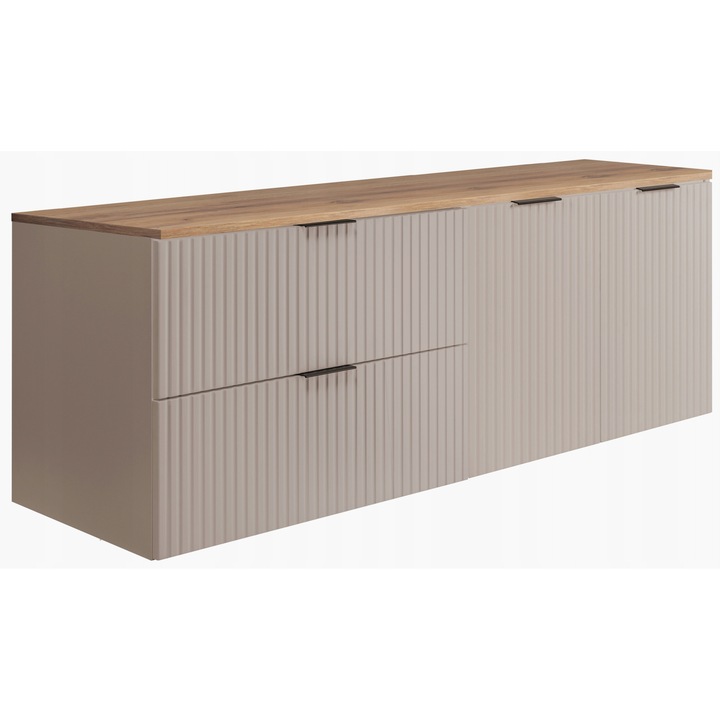 Dulap de baie cu blat Rodan Flow, 140x57x46 cm, MDF 16 mm, spate HDF 3 mm, margini ABS 0.5 mm, soft close, față canelată, casmir-stejar auriu craft