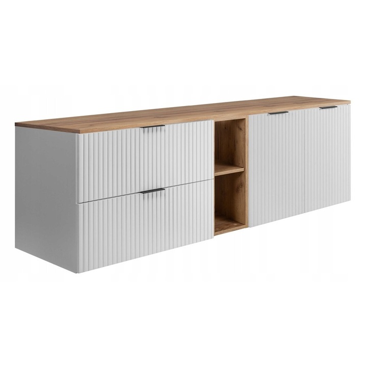 Dulap De Baie Cu Blat Si Rafturi, Rodan, Flow, 160x57x46 cm, Material MDF, Placa Laminata 16 mm, Spate - HDF - 3 mm, Margini ABS 0.5 mm, Inchidere Silentioasa Soft Close, Fata Canelata, Alb/Stejar Auriu Craft