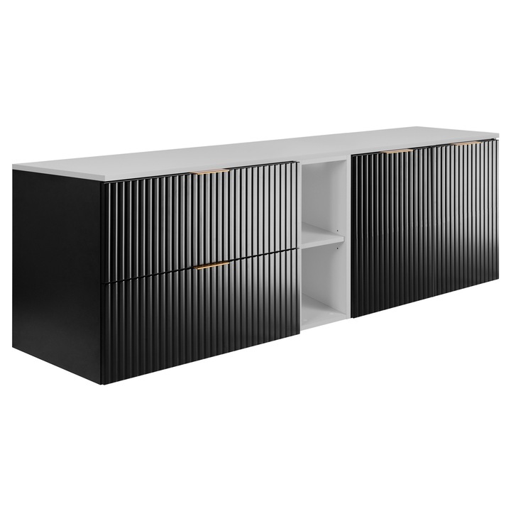 Шкаф за баня с плот и рафтове, Rodan, Flow, 160x57x46 см, Материал MDF, Ламинирана плоскост 16 мм, Гръб - HDF - 3 мм, ABS кантове, Плавно затваряне Soft Close, Канализирана предна част, Черен/Бял