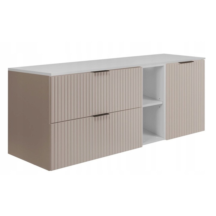 Шкаф за баня с плот и рафтове, Rodan, Flow, 120x57x46 см, материал МДФ, ламинирана плоскост 16 мм, гръб - HDF - 3 мм, ABS кантове, плавно затваряне Soft Close, фрезована предна част, кашмир/бял