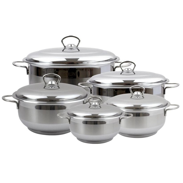 BERLIN edénykészlet, 5 részes, inox, üvegfedél, 18x10cm, 20x10cm, 22x12cm, 24x14cm, 26x16cm