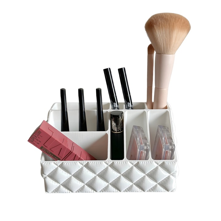 Organizator cosmetice cu 9 compartimente, ideal pentru pensule, rujuri si accesorii machiaj, alb
