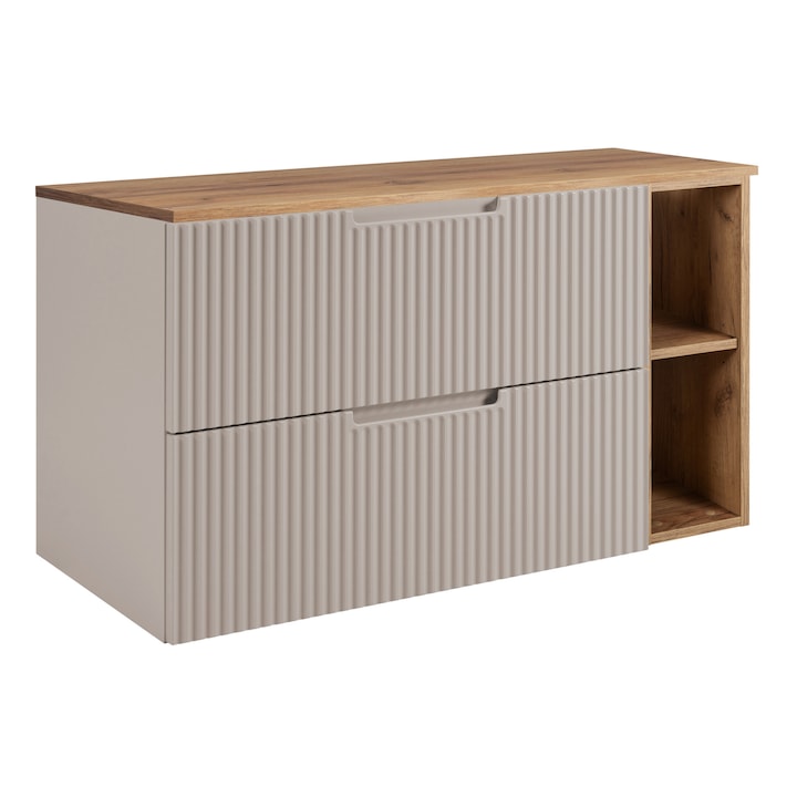 Dulap De Baie Cu Blat Si Rafturi, Rodan, Vena, 80x57x46 cm, Material MDF, Placa Laminata 16 mm, Spate - HDF - 3 mm, Margini ABS, Inchidere Silentioasa Soft Close, Fata Profilata, 2 Sertare, Casmir/Stejar Auriu Craft