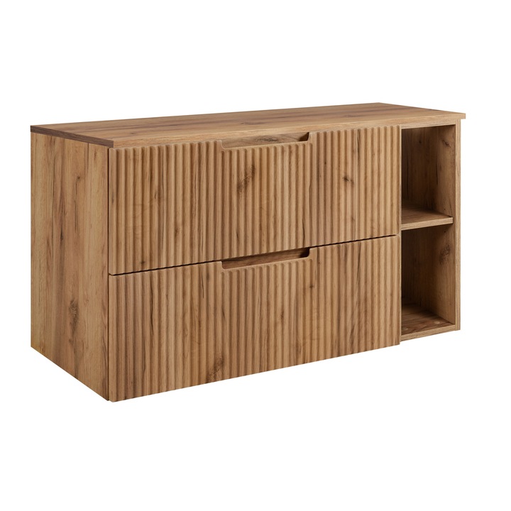 Dulap De Baie Cu Blat Si Rafturi, Rodan, Vena, 80x57x46 cm, Material MDF, Placa Laminata 16 mm, Spate - HDF - 3 mm, Margini ABS, Inchidere Silentioasa Soft Close, Fata Profilata, 2 Sertare, Stejar Auriu Craft