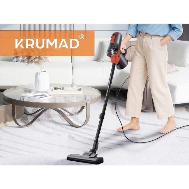 KRUMAD Aspirator vertical 600W – aspirator fara sac cu filtru HEPA si recipient 1,5L – usor, silentios si eficient pentru podele, covoare, par de animale si colturi greu accesibile