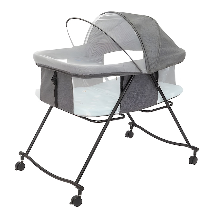 Сгъваема бебешка кошара Teno®, система за заключване, мрежа против насекоми, сгъваема, прибиращи се колела, здрава, удобна, лесна за съхранение, сива