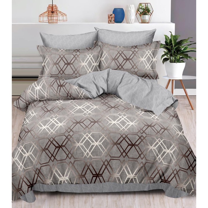 Set Lenjerie de pat dublu, 6 piese, Bumbac Finet, Gri/Maro/Auriu, 180x200cm, 200x230cm, Forme Geometrice