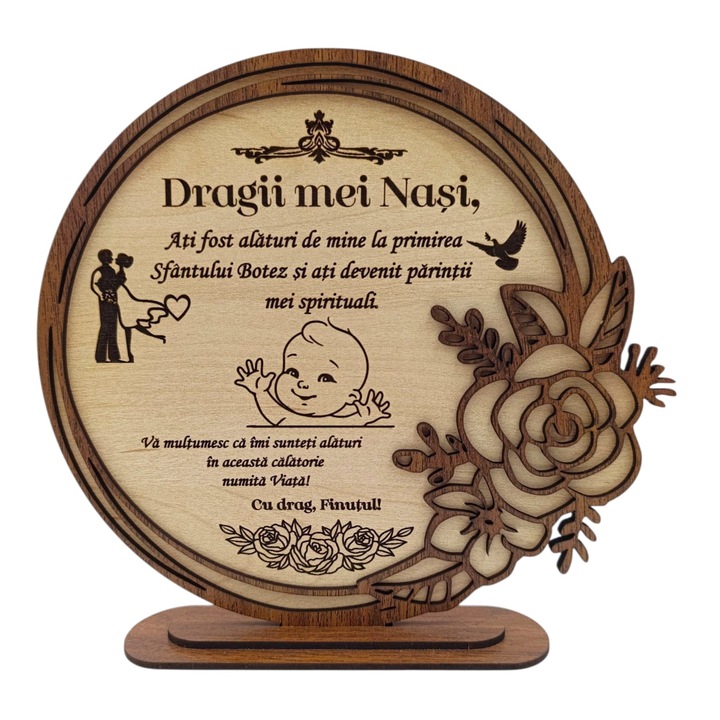 Cadou personalizat pentru Botez/Cerere Nasi din lemn cu rama trandafir, model baiat - 22cm, crem