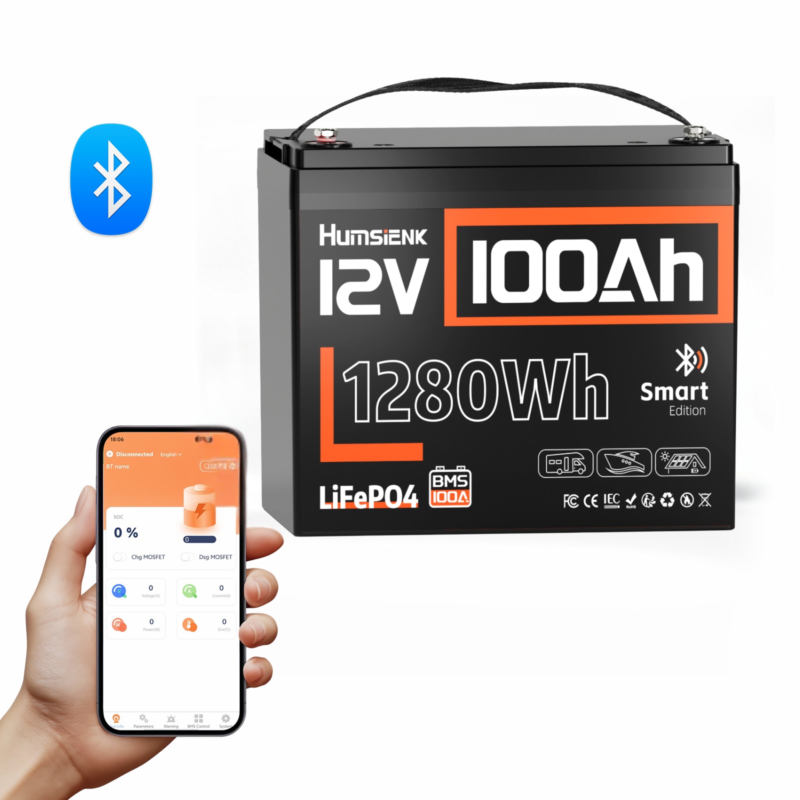Acumulator solar 12V 100Ah LiFePO4 cu Bluetooth, BMS 100A, 1280Wh