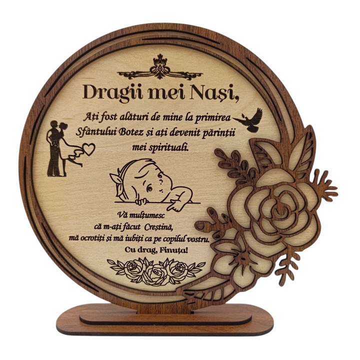 Cadou personalizat pentru Botez/Cerere Nasi din lemn cu rama trandafir, model 2 fata - 22cm, crem