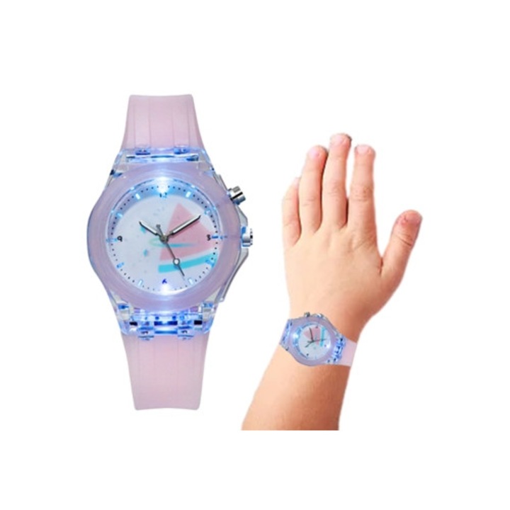 Ceas copii, silicon, luminos, roz, set