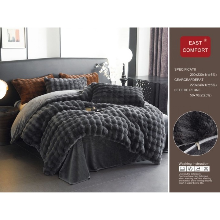 Луксозно спално бельо, изкуствена заешка кожа, 4 части, тъмно сиво
