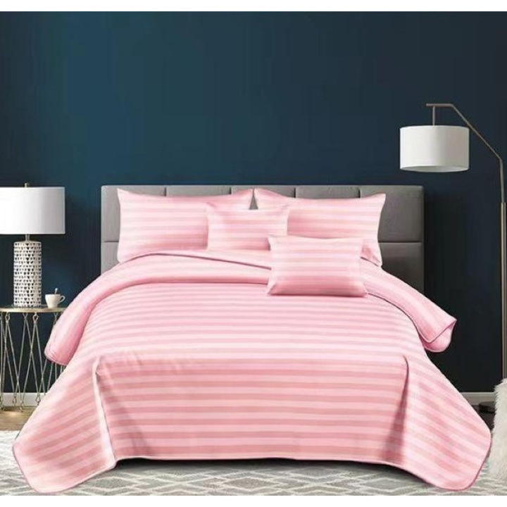 Lenjerie de Pat Dublu, Cearsaf fara Elastic, Damasc cu Dungi, Uni, 6 piese, 230x250cm, Roz Prafuit