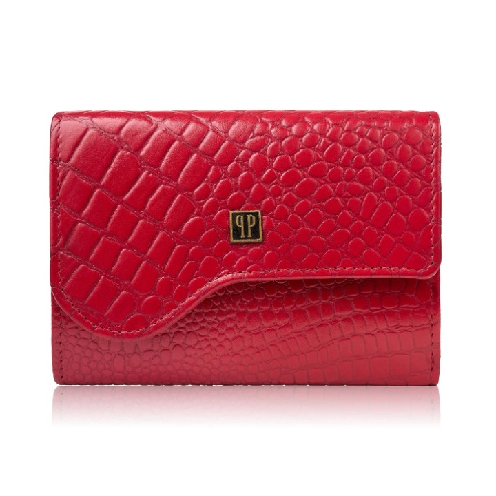 Portofel mic dama, Paolo Peruzzi, T-135-RD, Piele crocodil, Rosu cu RFID 10x13x2cm