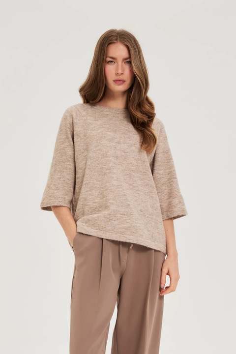 Pulover bej cu maneci scurte, Maro deschis