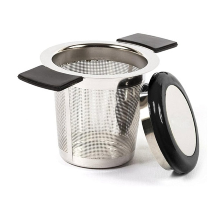 Difuzor ceai, Inox, Cu manere si capac, Silicon, Argintiu/Negru