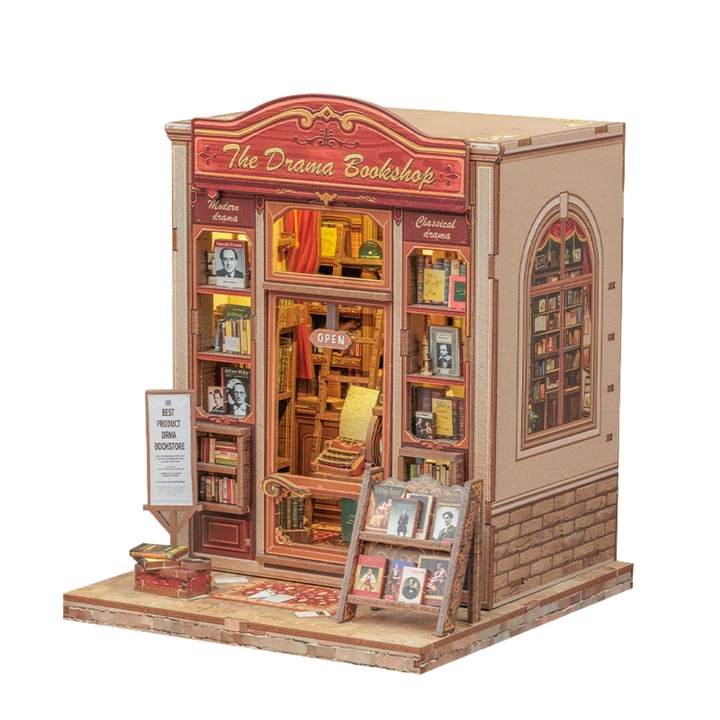 3D Puzzle Könyvsarok Készlet The Drama Bookshop, Könyvjelző, DIY, LED Világítással, Érintőgombbal, 18x16x15.5 cm, 253 Alkatrész, Nookche, Cutebee