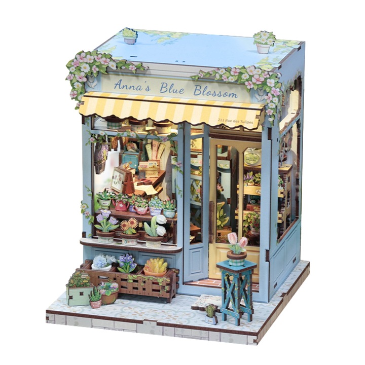 3D Puzzle Könyvsarok Anna Kék Virágzása, könyvtámasz, DIY, LED világítással, érintőgombbal, 19.7x16.2x15.7 cm, 255 darab, Nookche, Cutebee