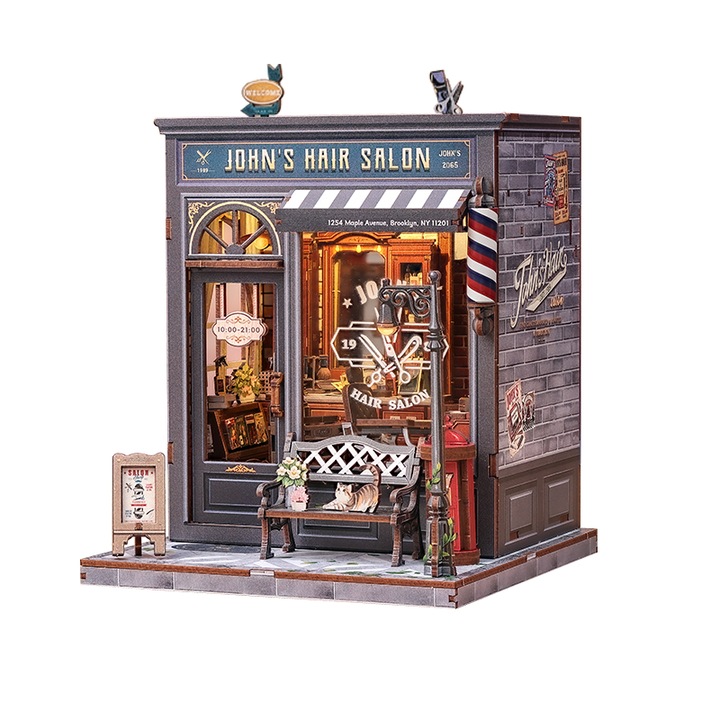 3D Puzzle Könyvsarok John fodrászszalonja, könyvjelző, barkács, LED világítással, érintőgombbal, 19.3x16.3x15.5 cm, 210 darab, Nookche, Cutebee