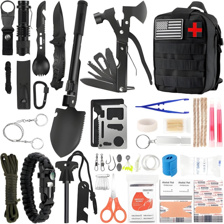 Kit de supravietuire militar XXL VarioShop®, 92 in 1, cu unelte multifunctionale, trusa medicala, lanterna LED si accesorii camping, rucsac tactic inclus