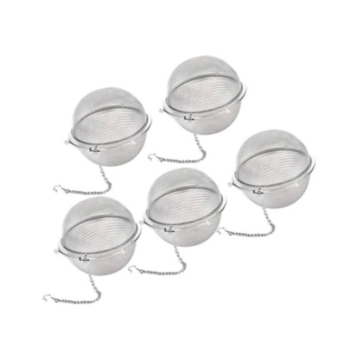 Set 5 infuzoare ceai inox, cu carlig si lant, argintiu