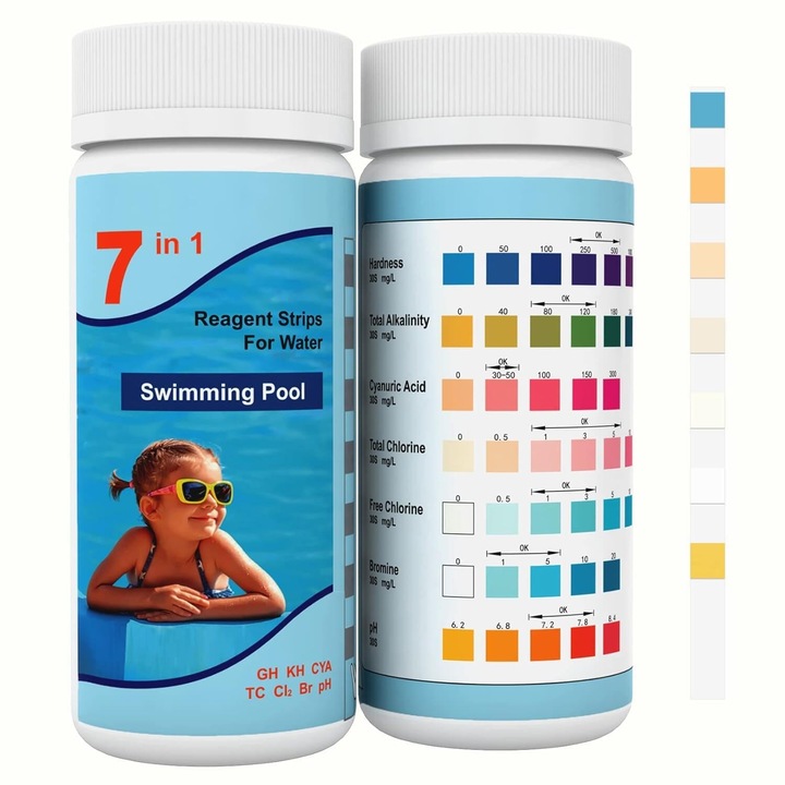 Benzi de testare pentru piscina 7 in 1, 100 de benzi de testare pentru piscine si spa-uri, Benzi de testare a apei din piscina pentru pH, clor, brom, duritate totala, acid cianuric si multe altele