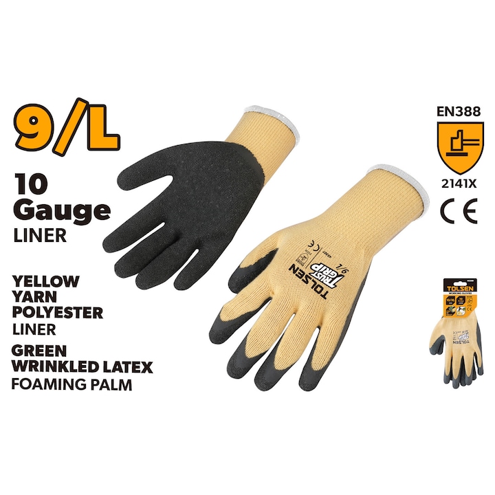 Manusi de lucru TOLSEN marimea 9/L, poliester si bumbac galben 10G, palma spumata latex verde cu textura ridata, aprobate CE, EN388 2131X, pentru constructii, instalatii, gradinarit si uz casnic