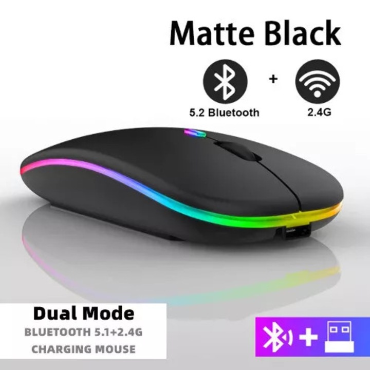 Mouse wireless Aquaforge 2.4GHz RGB, reincarcabil USB, 1600 DPI, negru mat