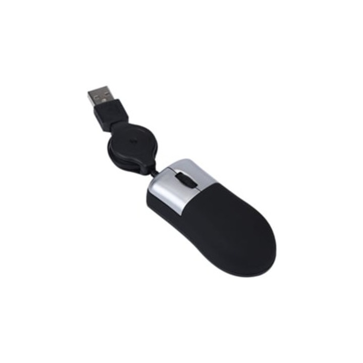 Mouse Mini cu Cablu, Rotita de Derulare Optica USB Retractabila, Negru