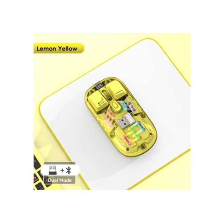 Mouse RGB transparent reincarcabil dual mod 2.4G/Bluetooth, galben