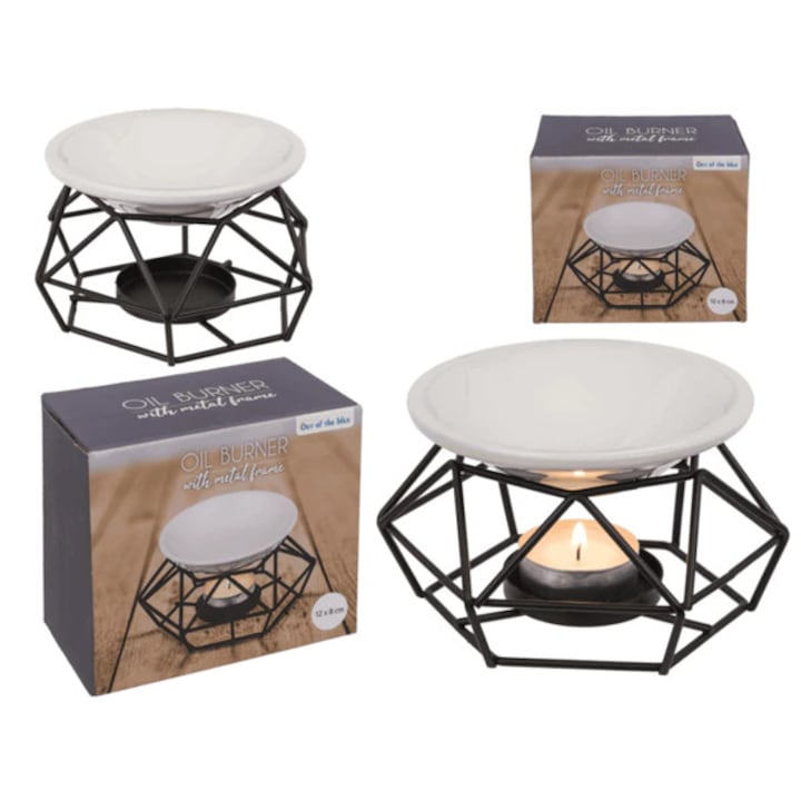 Suport Lumanare cu Bol ceramic OOTB, 12x8 cm, lumana tip Pastila, cadru Metalic, Elegant, culoare Negru si Alb