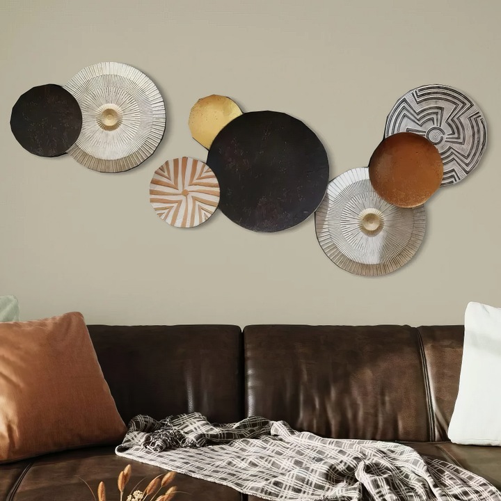 Set 2 Decoratiuni Metalice de Perete LuxCanva® Bronze Mirage A2284, din Metal, Orizontala, Negru, Auriu, Alb, Cupru, Dimensiune Mare 197 x 77 x 14 cm