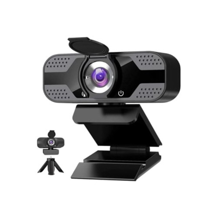 Webkamera mikrofonnal, 1080p HD, adatvédelmi fedővel, fekete, állványkészlettel