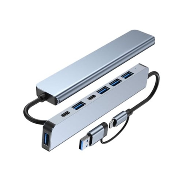 Többportos USB C hub, kompakt kialakítás, kiterjesztett USB portok, szürke