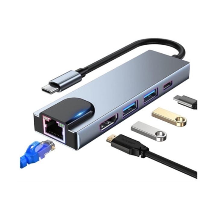 Hub USB C 4K HDMI Ethernet RJ45 USB 3.0 100W PD gri