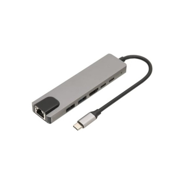Multimédiás hub 6 az 1-ben, 4K, 87W, Ethernet, USB, szürke
