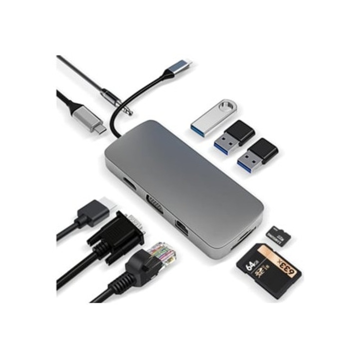 USB C dokkoló állomás, 10 az 1-ben, 4K HDMI, VGA, 100W PD, USB 3.0, Ethernet RJ45, SD/TF, 3.5mm Aux
