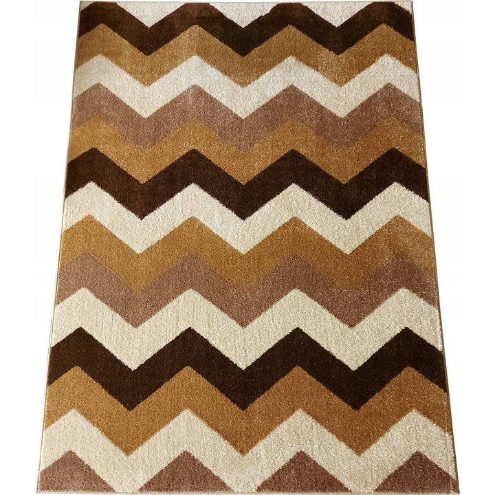 Covor, 160x120 cm, Geometric, zigzag, bej/maro, fir scurt, pentru incalzire prin pardoseala, prietenos cu alergicii, 1650g/m2, polipropilena frise, Certificat Oeko-Tex