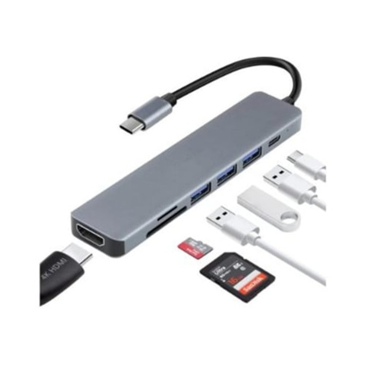 USB C Hub 7 az 1-ben, multiport adapter 4K HDMI-vel, SD/TF kártyaolvasóval, 2 USB porttal, 87W PD-vel