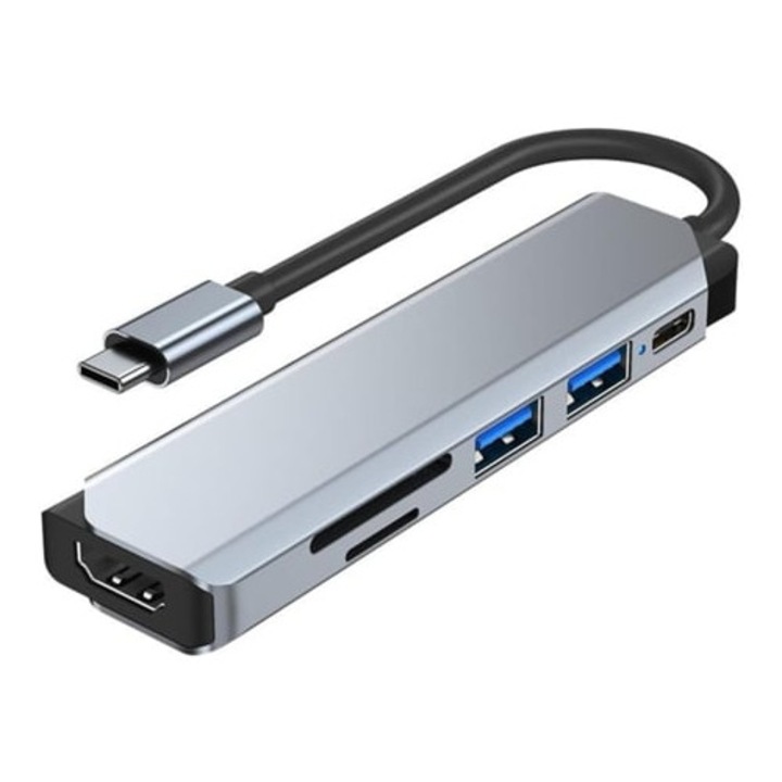 Statie de andocare 6-in-1, USB 3.0, sloturi SD/TF, interfata Type-C, gri