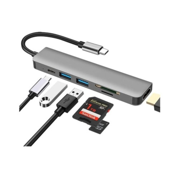 Hub USB C Gusshious Kzw 66, 6 az 1-ben, 4K HDMI, SD/TF kártyaolvasó, 100W, szürke