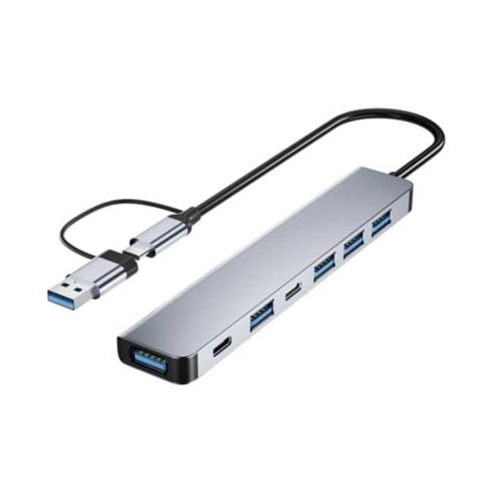 USB hub 7 az 1-ben, szürke, 3.0 és 2.0, PC-hez és laptophoz