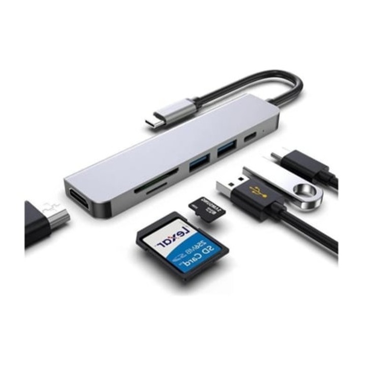 Hub USB C, adaptor tip C, cititor carduri TF/SD, 2 porturi USB 3.0, multicolor