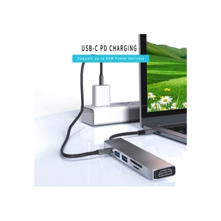 Hub USB C 6 az 1-ben, 4K HDMI többportos adapter, Type C laptopokkal kompatibilis