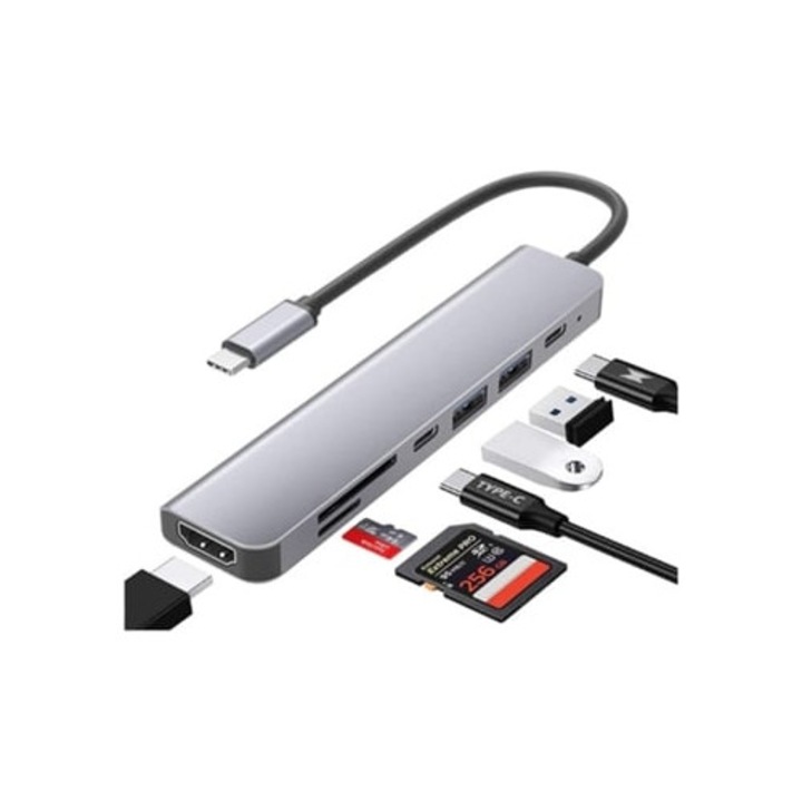 Hub USB C 7 in 1, adaptor multiport dual USB 3.0, port HDMI, 4K, 60 Hz