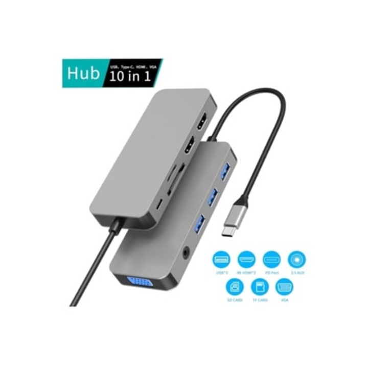 Троен адаптер за монитор 10-в-1, 4K, двоен HDMI, VGA, 3 USB 3.0/2.0, 3,5 мм аудио, 100W PD